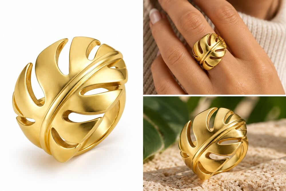 Gold Monstera Leaf Ring Size 7 304 Stainless Steel Tropical Statement Ring